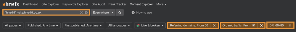 Screenshot showing Ahrefs’ Content Explorer filter function