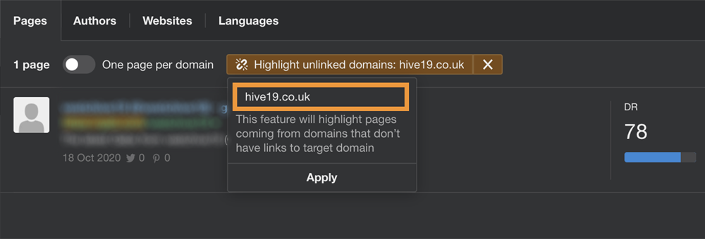 Screenshot showing Ahrefs’ ‘Highlight unlinked domains’ function