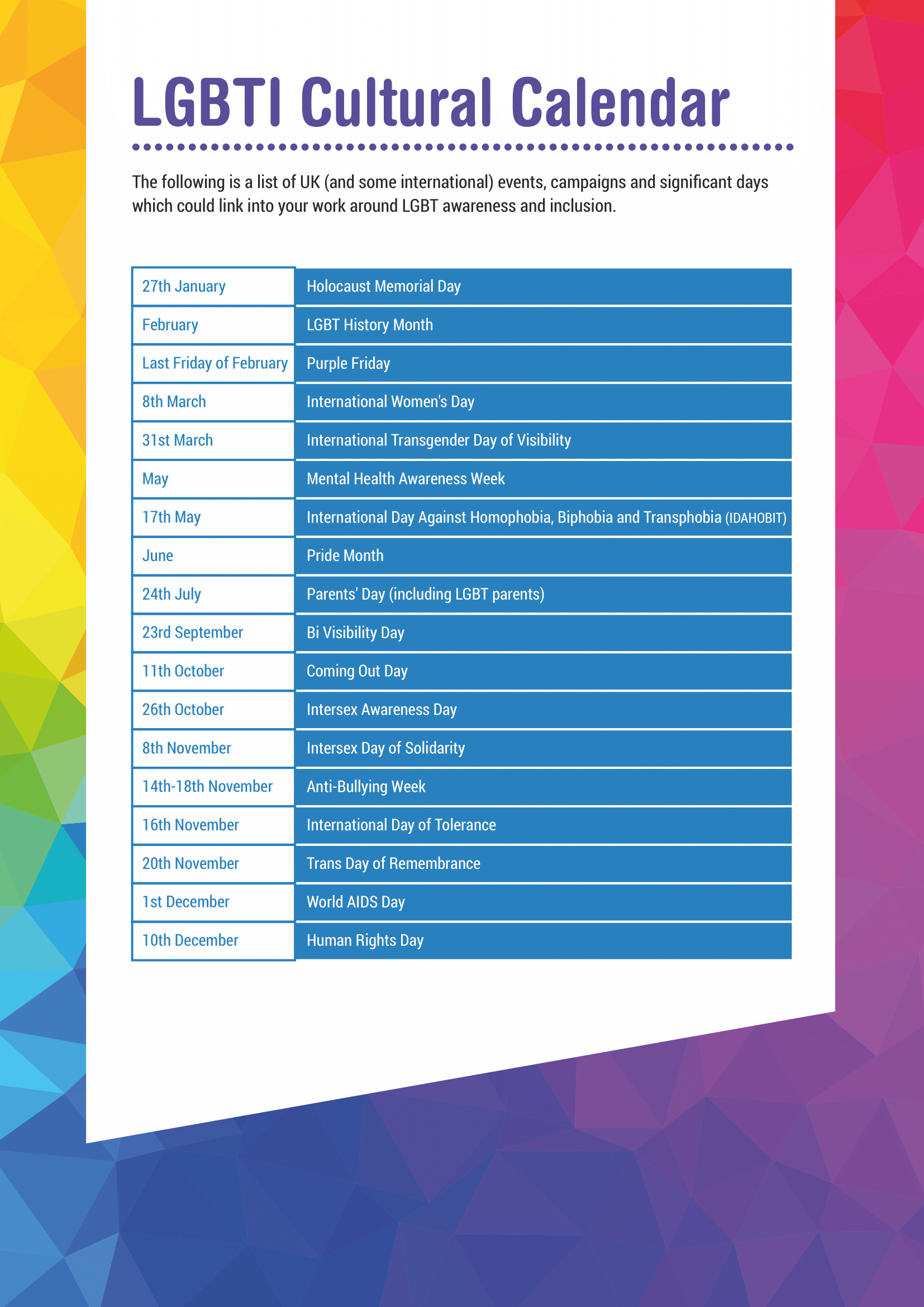 LGBTQ+ Cultural Calendar